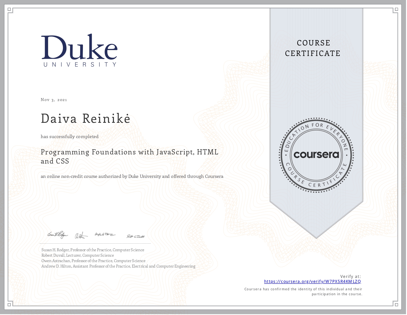 Front-End courses certificate from Udemy