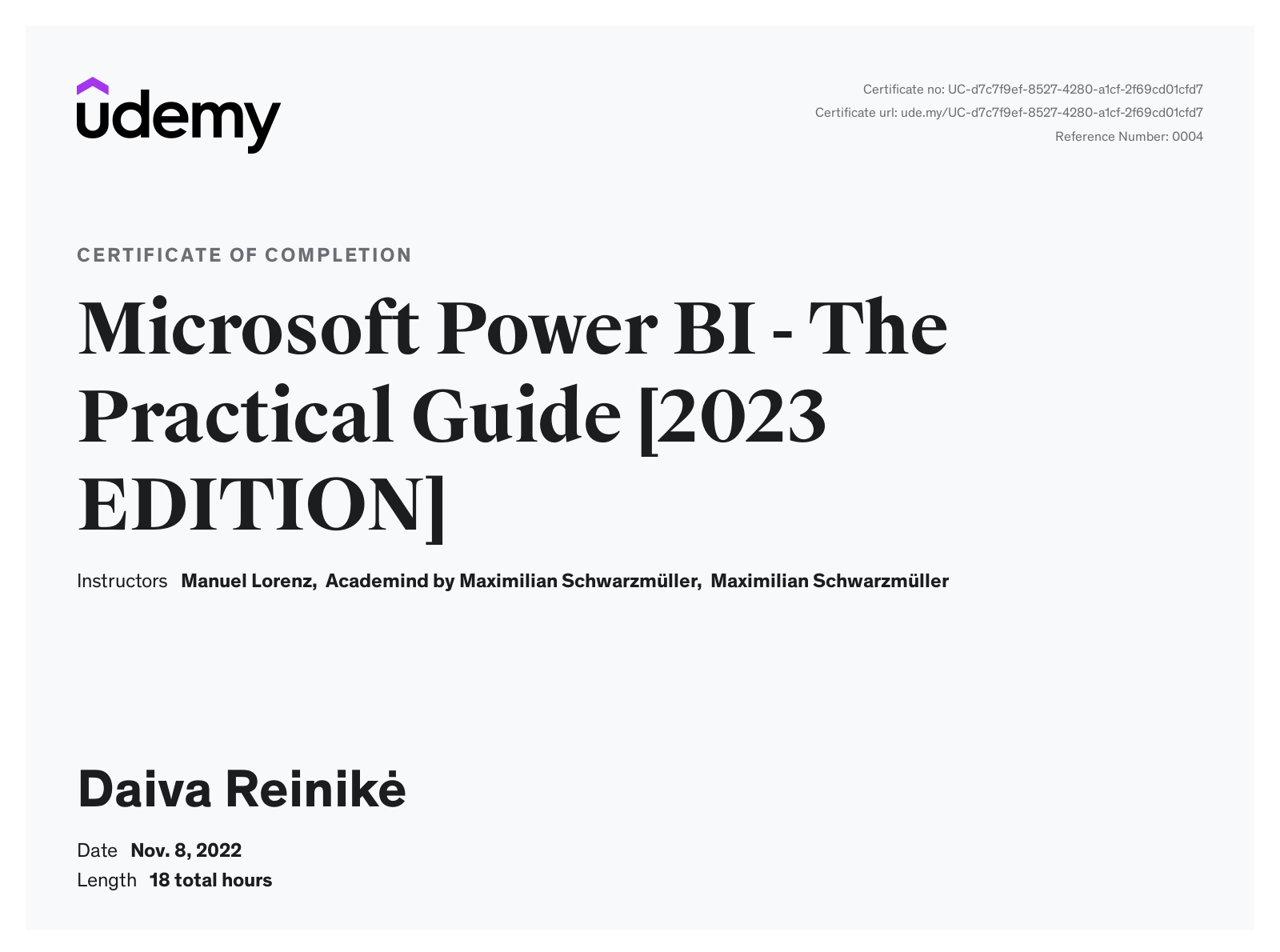 PowerBI courses certificate from Udemy