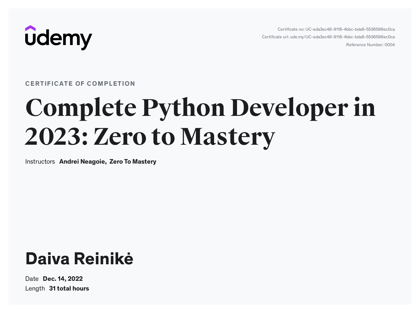 Python courses certificate from Udemy