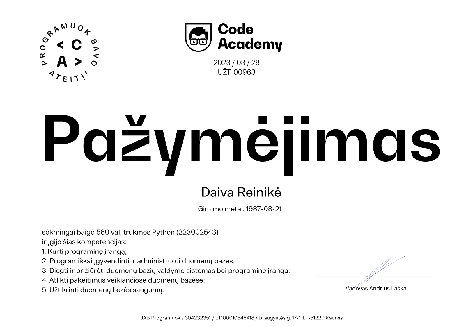 Python courses certificate from CodeAcademy