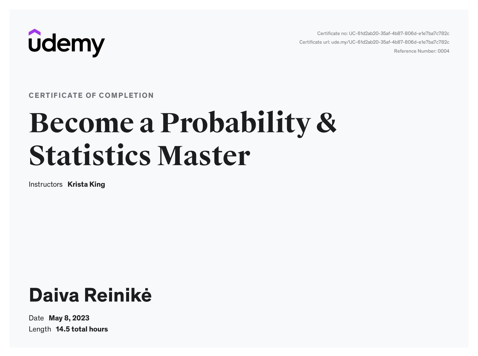 Statistics courses certificate from Udemy